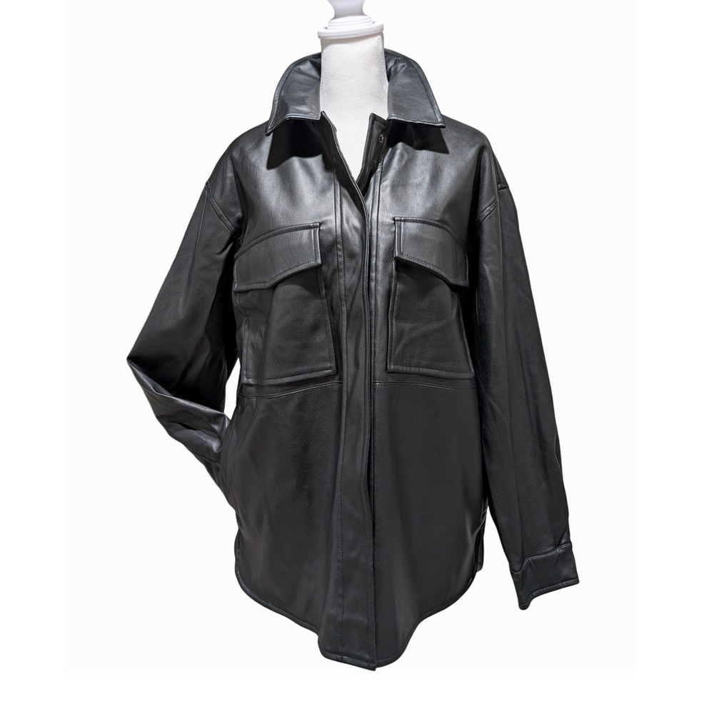 Piombo Womens Oversized Moto Faux Leather Shacket Black Snap Front Jacket Size S